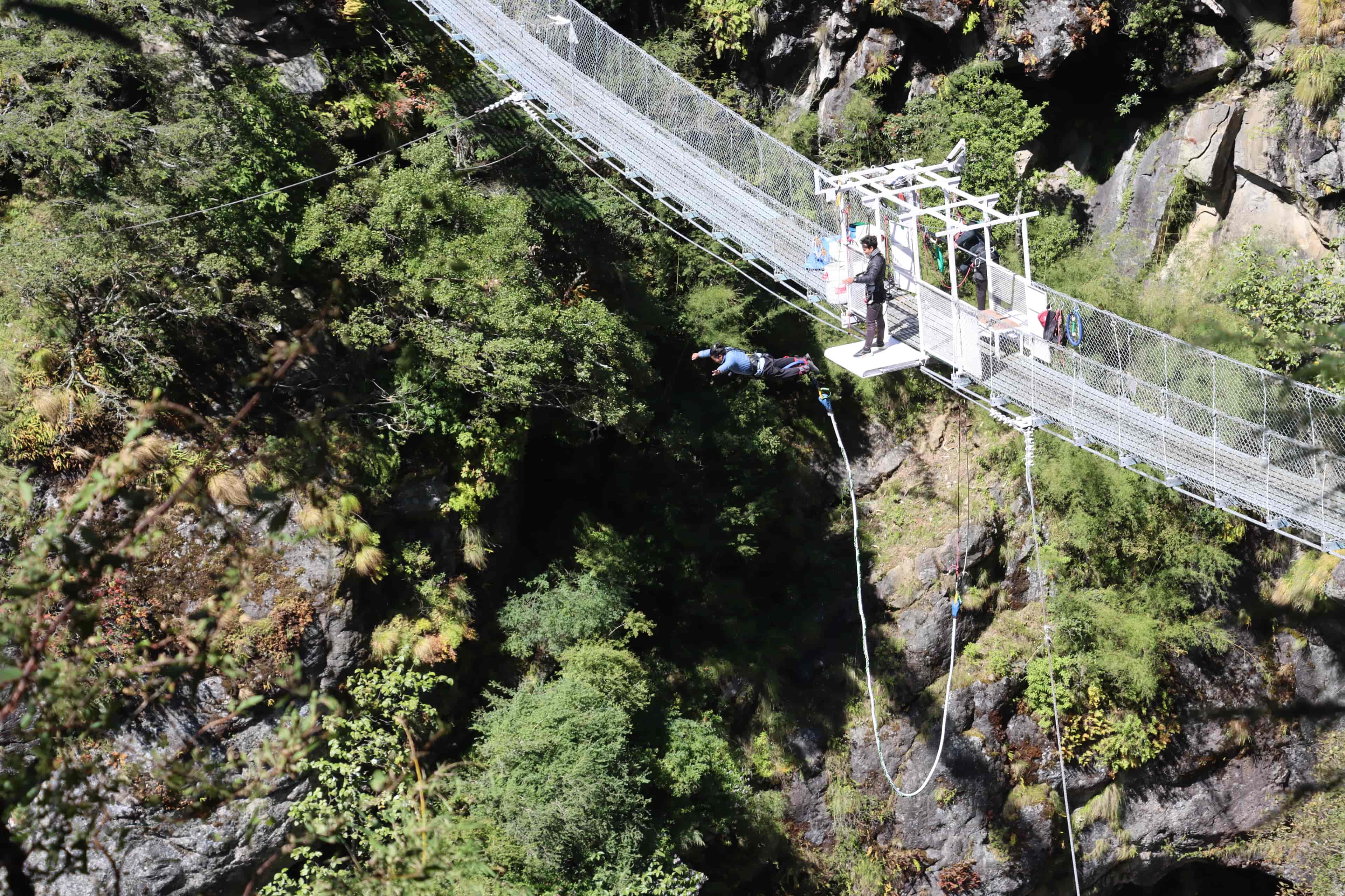Thrill‑seeker mid‑jump from Hillary Bridge, free‑falling into river gorge amid